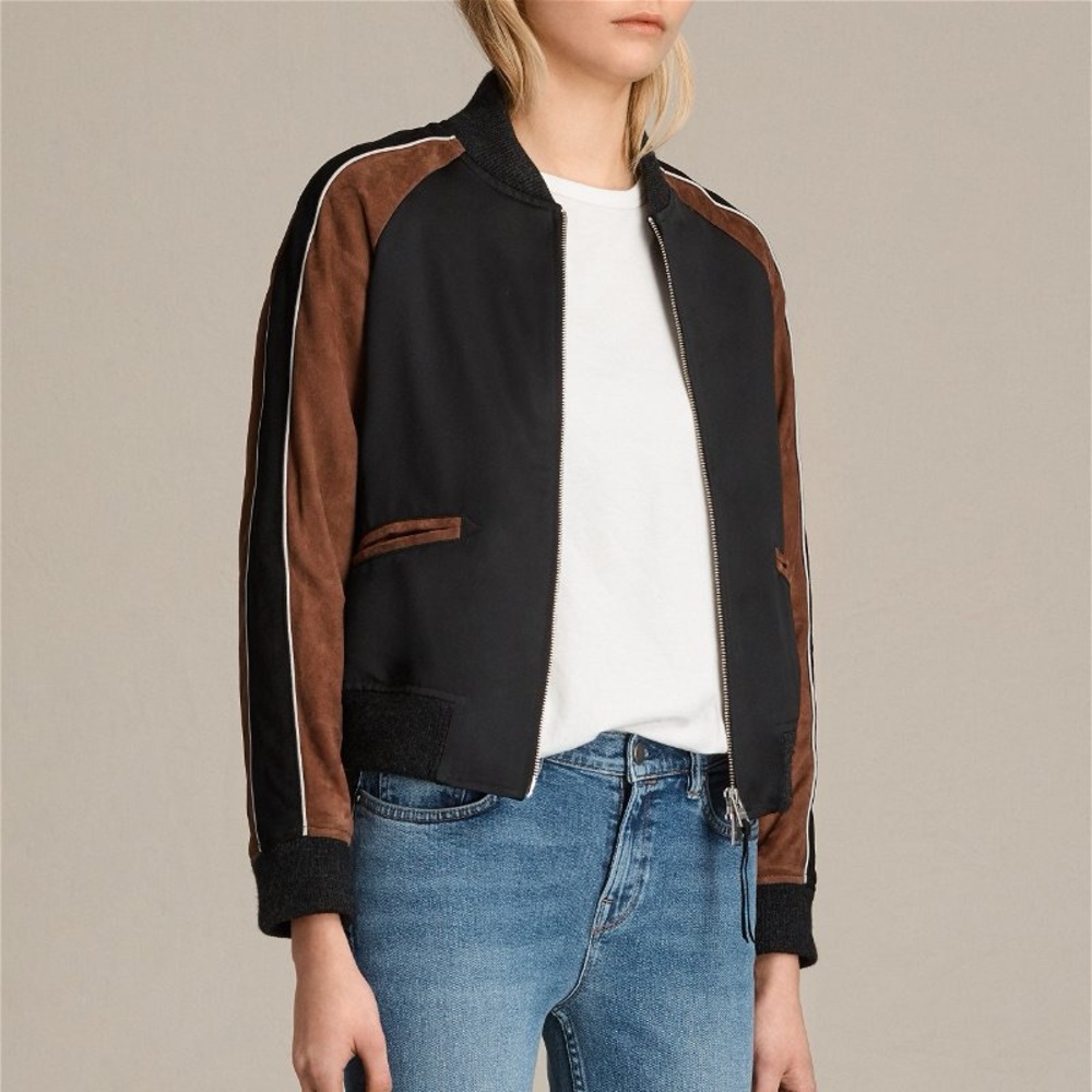 NWT All Saints Atley 100% genuine goat skin suede Bomber Jacket